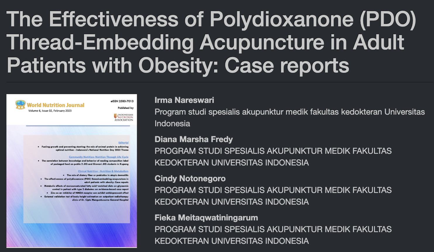 The Effectiveness of Polydioxanone (PDO) Thread-Embedding Acupuncture in Adult Patients with Obesity: Case reports - Perhimpunan Dokter Spesialis Akupunktur Medik Indonesia The Effectiveness of Polydioxanone (PDO) Thread-Embedding Acupuncture in Adult Patients with Obesity: Case reports - Perhimpunan Dokter Spesialis Akupunktur Medik Indonesia