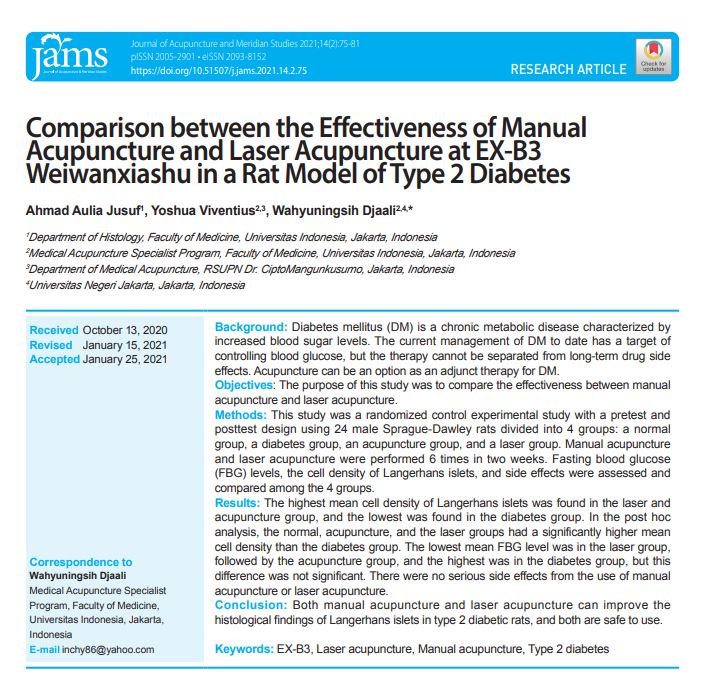 Comparison between the Effectiveness of Manual Acupuncture and Laser Acupuncture at EX-B3 Weiwanxiashu in a Rat Model of Type 2 Diabetes - Perhimpunan Dokter Spesialis Akupunktur Medik Indonesia Comparison between the Effectiveness of Manual Acupuncture and Laser Acupuncture at EX-B3 Weiwanxiashu in a Rat Model of Type 2 Diabetes - Perhimpunan Dokter Spesialis Akupunktur Medik Indonesia