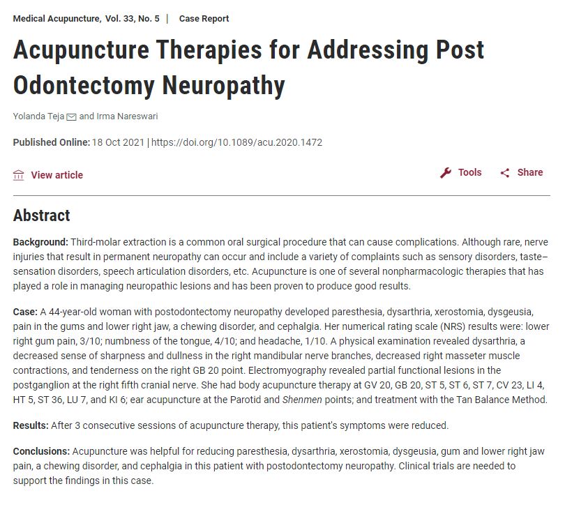 Acupuncture Therapies for Addressing Post Odontectomy Neuropathy - Perhimpunan Dokter Spesialis Akupunktur Medik Indonesia Acupuncture Therapies for Addressing Post Odontectomy Neuropathy - Perhimpunan Dokter Spesialis Akupunktur Medik Indonesia